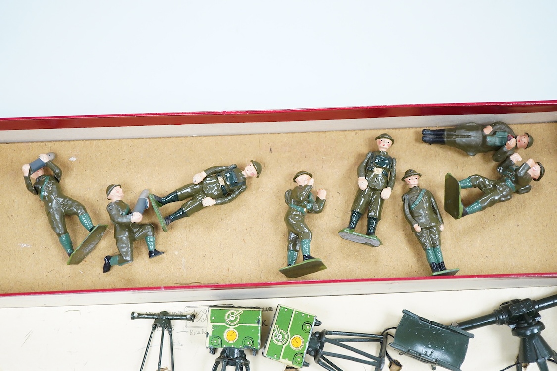 A boxed Britains Anti-Aircraft Unit (set no.2052) display set, comprising of fifteen pieces including; a 12-pdr anti aircraft gun on wheeled mount, a search light, two predictor units, a height finder, a range finder, a